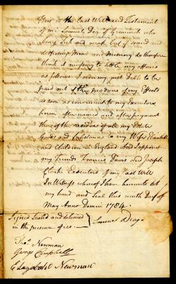 Probated will of Samuel Deage, 1784