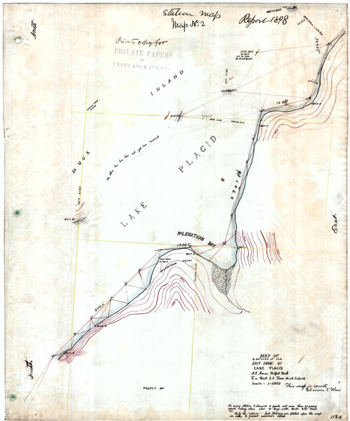 Map of a portion of the East shore of Lake Placid, north east from Pulpit Rock to a point south east from Hawk Island