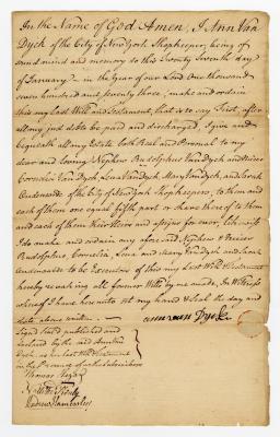 Probated will of Ann Van Dyck, 1785