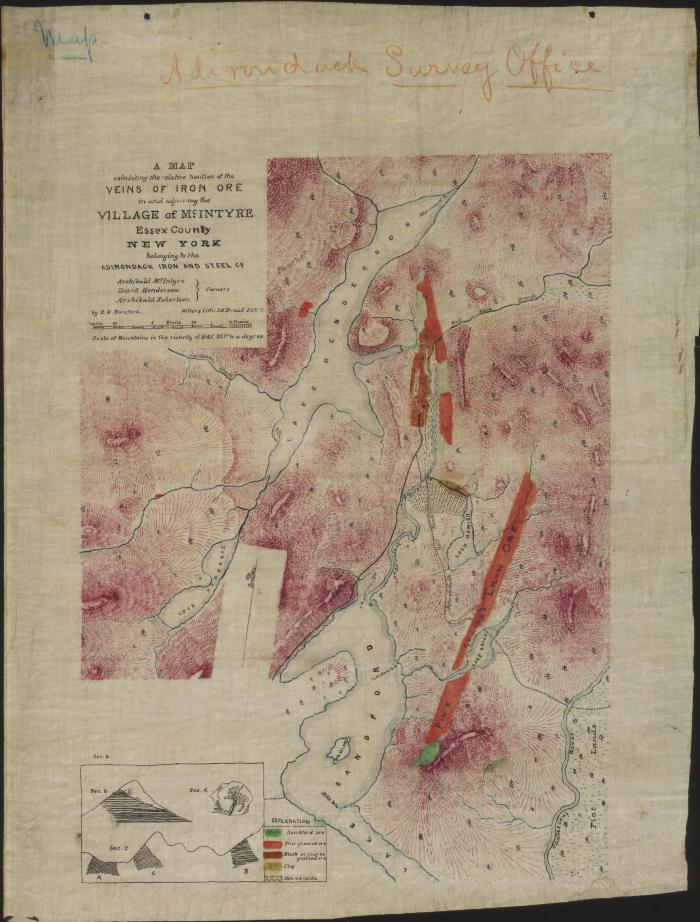 A Map exhibiting the relative position of the Veins of Iron Ore in and adjoining the Village of McIntyre, Essex County, New York, belonging to the Adirondack Iron and Steel Co.