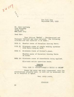 Eliminations made to script, "Santa," 1932