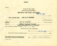 Certificate of license, "Dracula" (Spanish version), 1931
