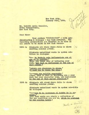 Eliminations made to script, "Profanación," 1934