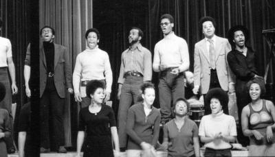 Members of the Afro-American Total Theatre singing in rehearsal