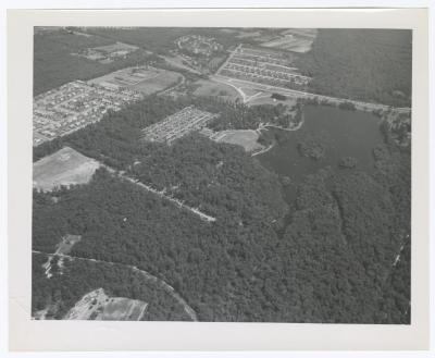 Belmont Lake State Park. Aerial Photograph showing row boats and canoes on lake