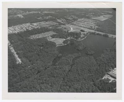 Belmont Lake State Park. Aerial Photograph showing row boats and canoes on lake