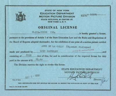 License, "Amor de la Calle," 1950