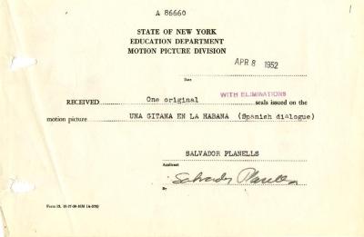 License seal, "Una Gitana en la Habana," 1952