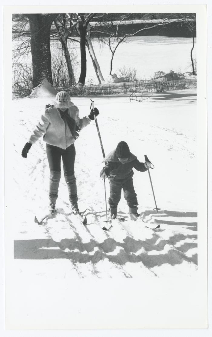 Woman and child skiing. Caleb Smith State Park Cross Country Ski Clinic