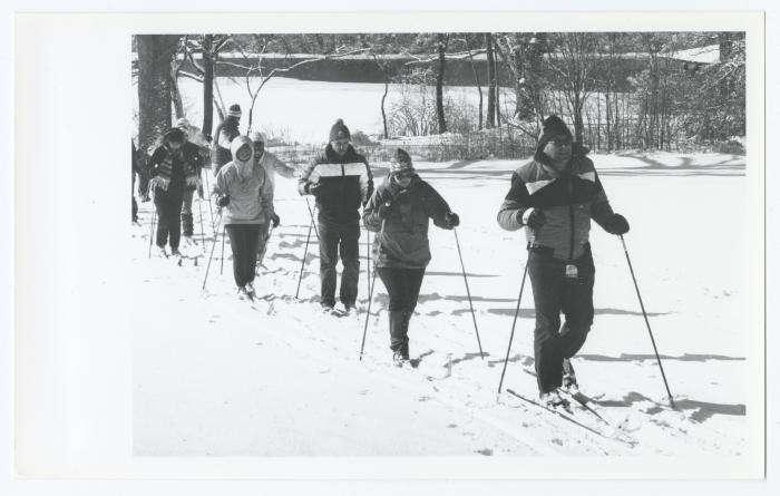 Group skiing. Caleb Smith State Park Cross Country Ski Clinic