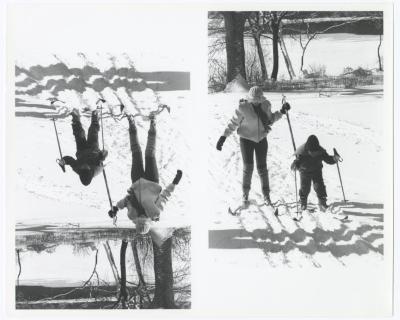 Woman and child skiing. Caleb Smith State Park Cross Country Ski Clinic