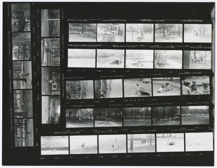 Contact sheet with thirty-five images of a play area and park