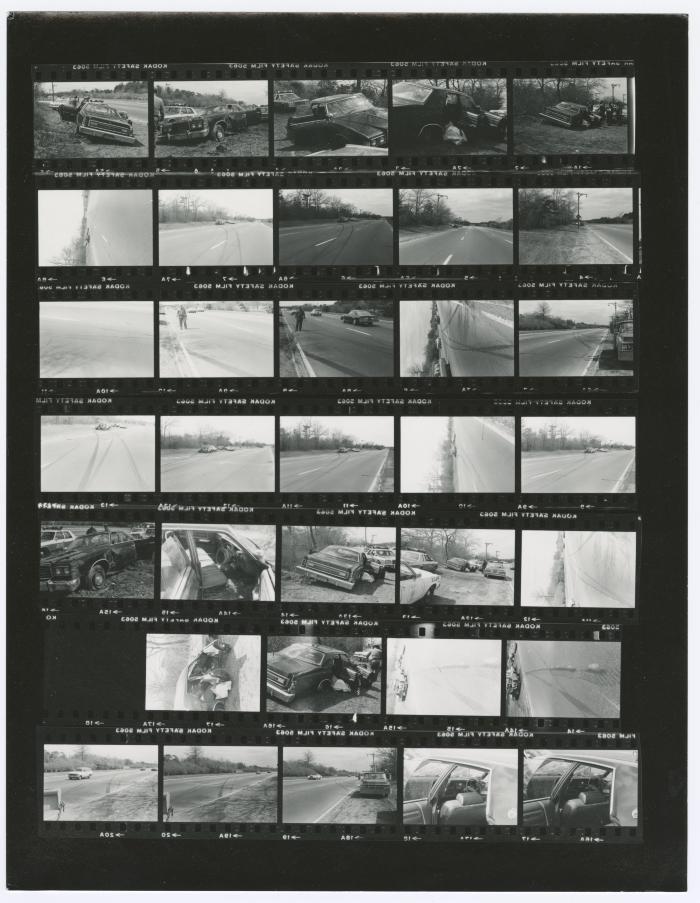 Contact sheet with thirty-four images of a car accident