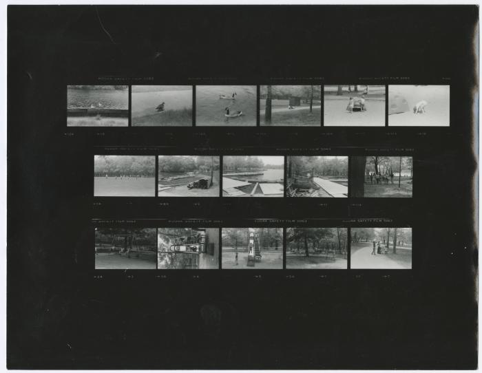 Contact sheet with sixteen images of a play area and park