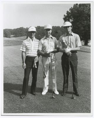 Three men on golf course. Long Island PGA Tournament. Bethpage State Park