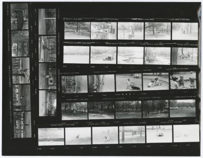 Contact sheet with thirty-five images of a play area and park