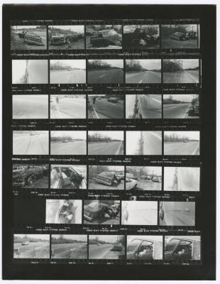 Contact sheet with thirty-four images of a car accident