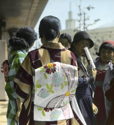 Girls Wearing Kimonos and Obi, Hair Dressed in Modern Style, School Girl in "Middie" Suit and Hat. Tokyo, Japan