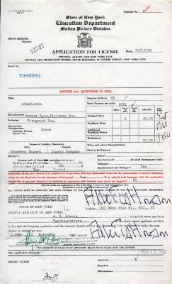 Application for a license to screen the motion picture film, "Casablanca"