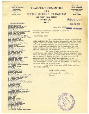 Letter from Permanent Committee for Better Schools in Harlem to Gov. Lehman