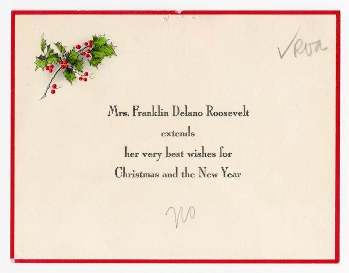 Holiday card from Eleanor Roosevelt to Governor Averell Harriman