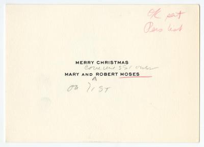 Holiday card from Mary and Robert Moses to Governor Averell Harriman