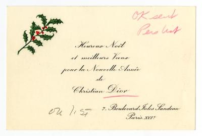 Holiday card from Christian Dior to Governor Averell Harriman