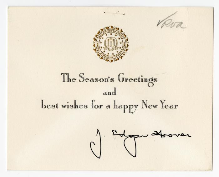 Holiday card from J. Edgard Hoover to Governor Averell Harriman