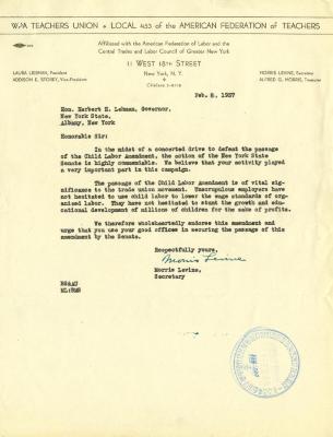 Letter from WPA Teachers Union to Gov. Lehman