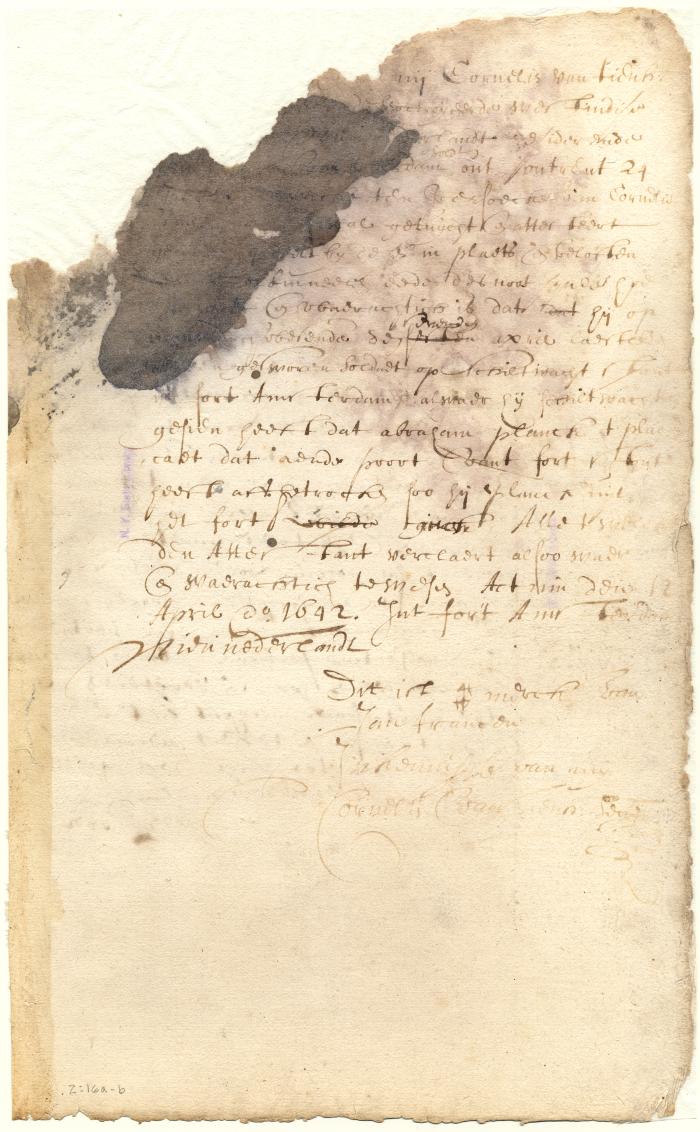 Declaration of Jan Francen that Abraham Planck tore off a placard posted on the gate of Fort Amsterdam