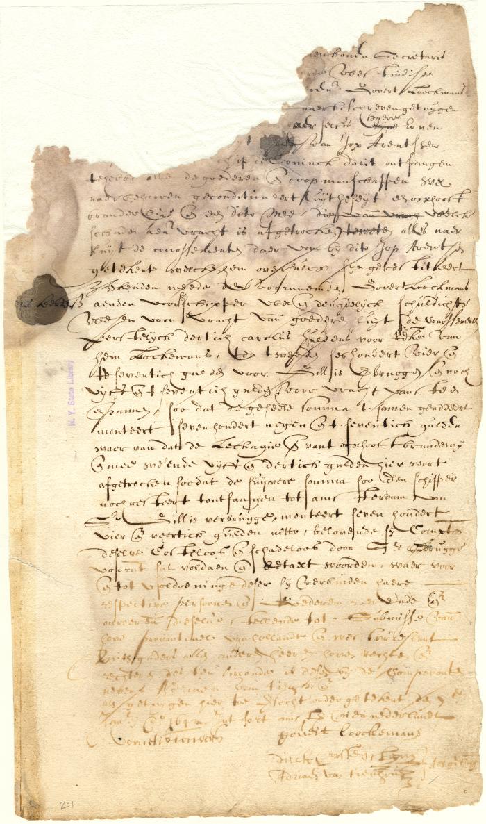 Bond of Govert Loockemans and Cornelis Leendersen for goods brought over in the ship Coninck David