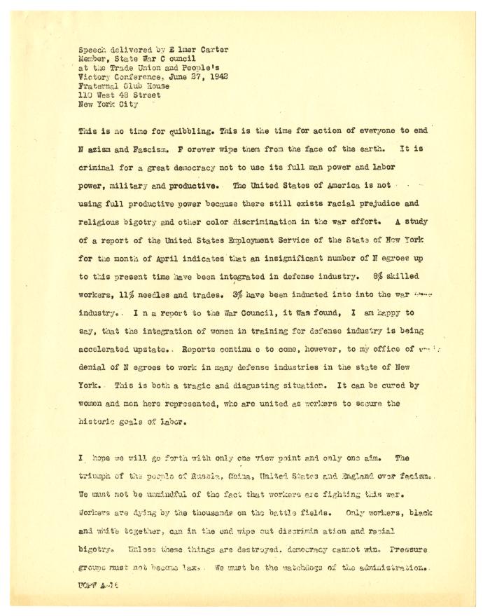 Speech by Elmer Carter, New York State War Council
