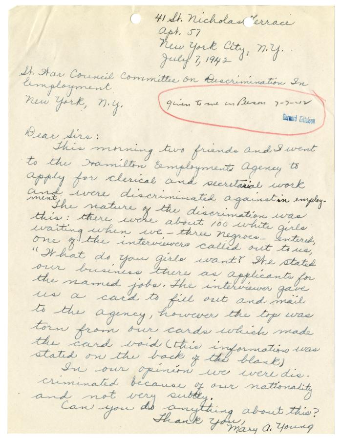 Letter from Mary A. Young to NYS War Council, Committee on Discrimination in Employment
