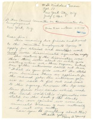 Letter from Mary A. Young to NYS War Council, Committee on Discrimination in Employment