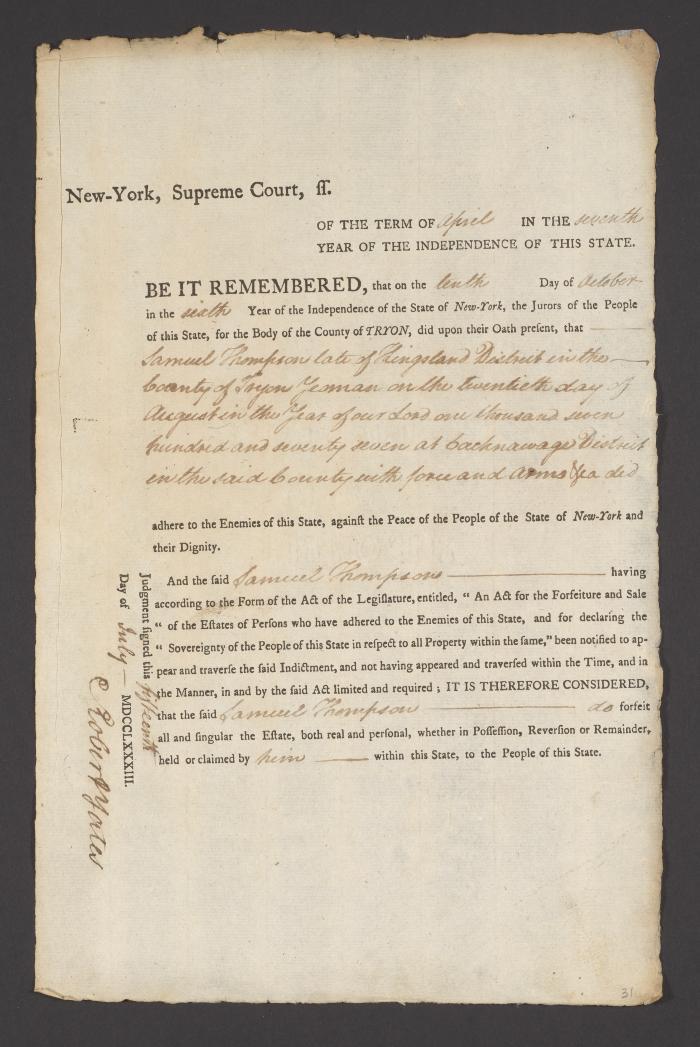 Judgment against Samuel Thompson as an enemy of the state