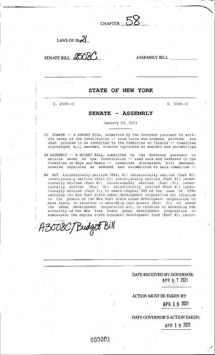 NYS Bill and Veto Jackets: 2021, Chapter 58