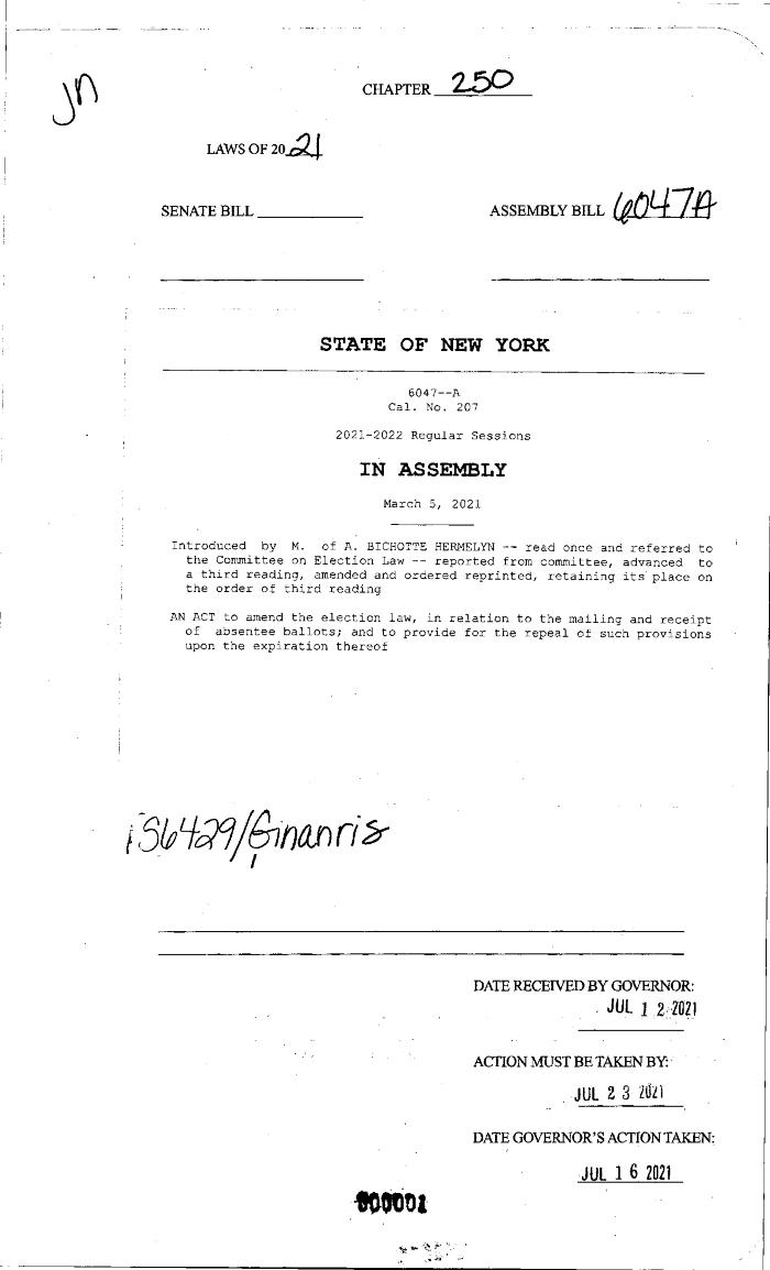 NYS Bill and Veto Jackets: 2021, Chapter 250