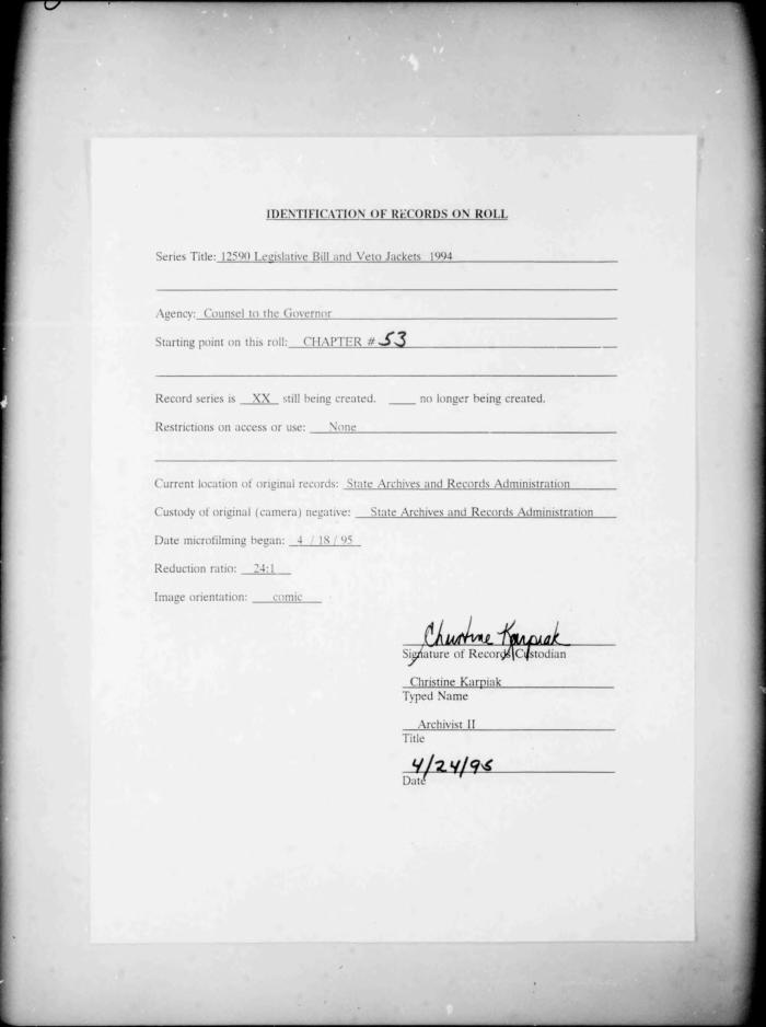 NYS Bill and Veto Jackets: 1994, Chapter 53