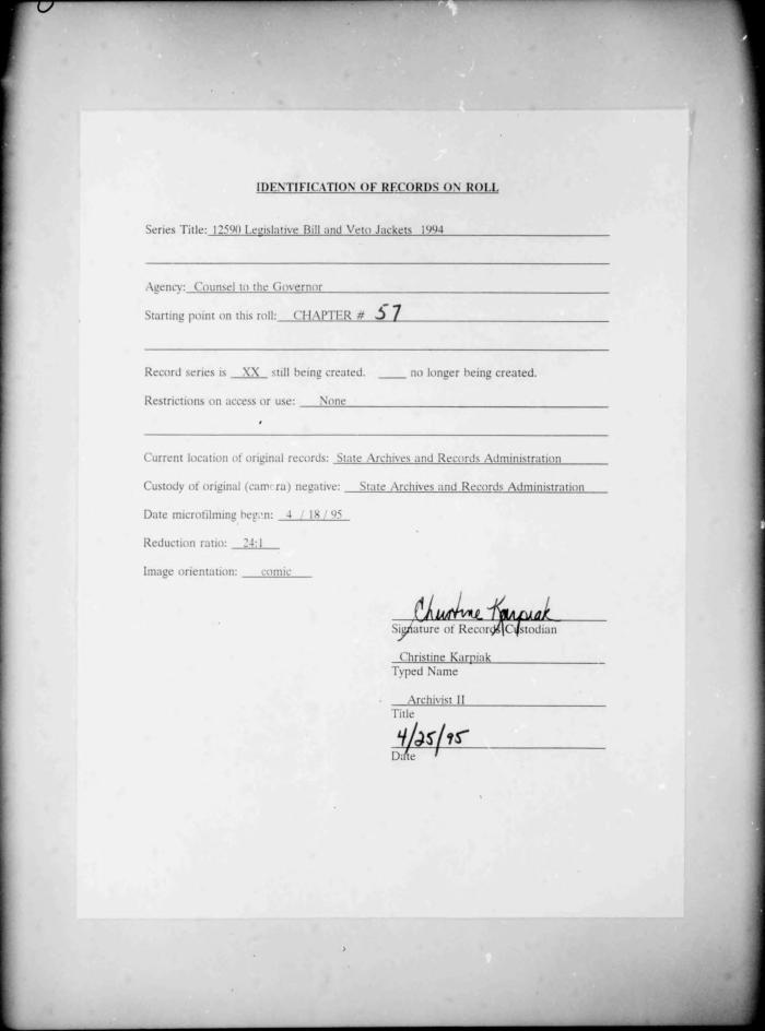 NYS Bill and Veto Jackets: 1994, Chapter 57