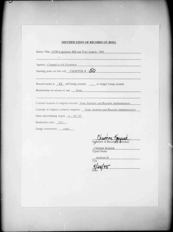 NYS Bill and Veto Jackets: 1994, Chapter 50