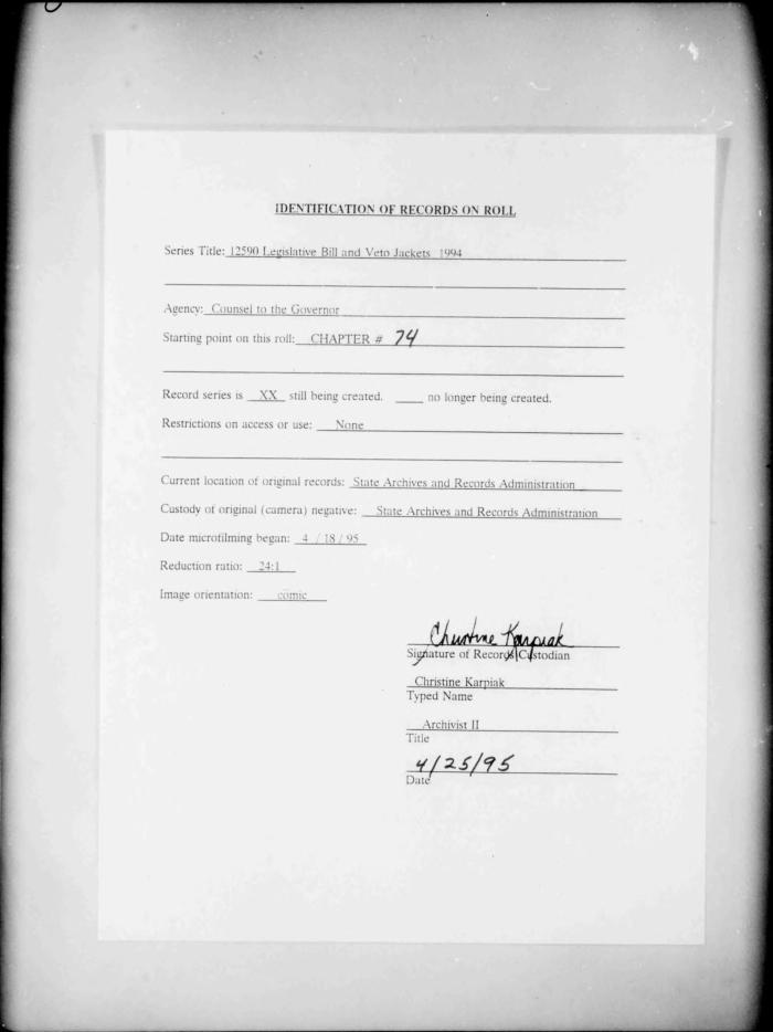 NYS Bill and Veto Jackets: 1994, Chapter 74