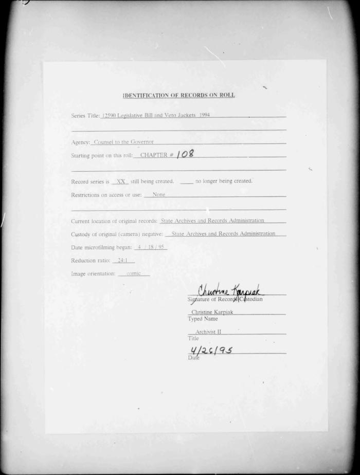 NYS Bill and Veto Jackets: 1994, Chapter 108