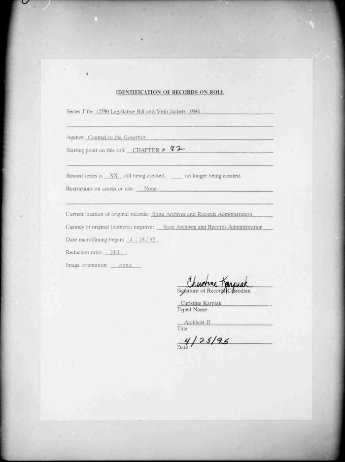NYS Bill and Veto Jackets: 1994, Chapter 82