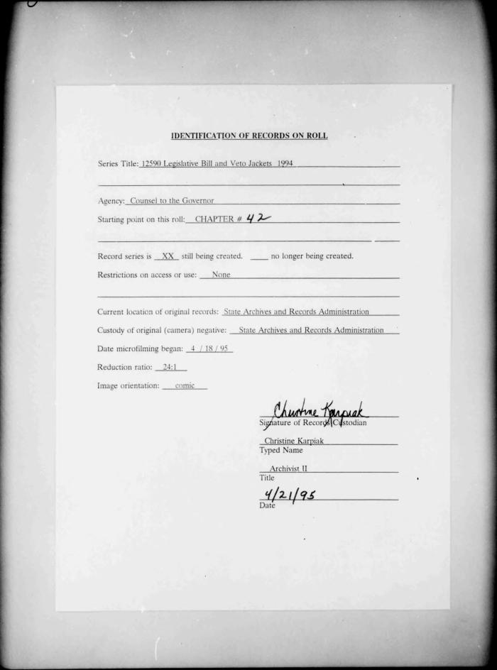 NYS Bill and Veto Jackets: 1994, Chapter 42