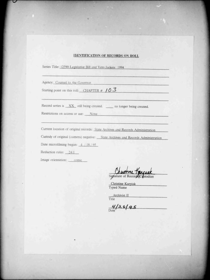 NYS Bill and Veto Jackets: 1994, Chapter 103