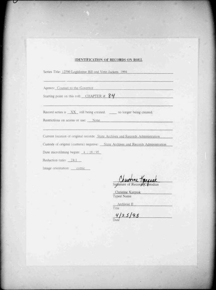 NYS Bill and Veto Jackets: 1994, Chapter 84