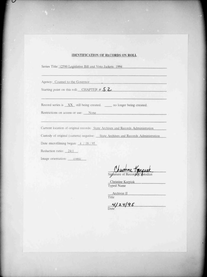 NYS Bill and Veto Jackets: 1994, Chapter 52