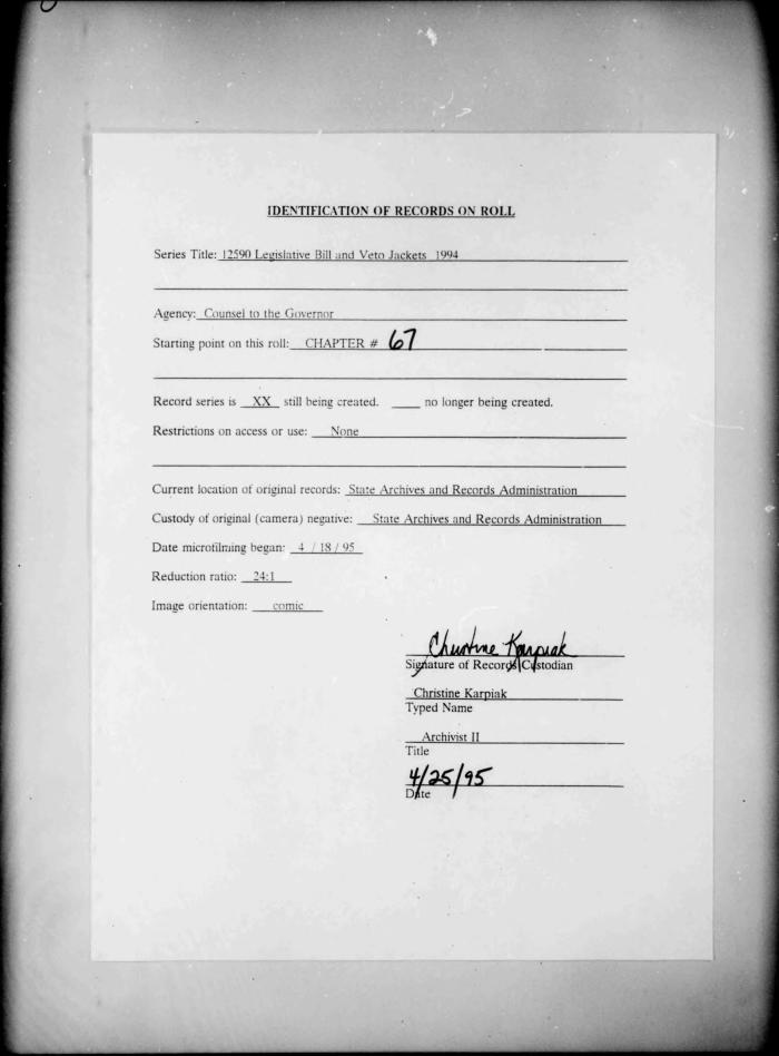 NYS Bill and Veto Jackets: 1994, Chapter 67
