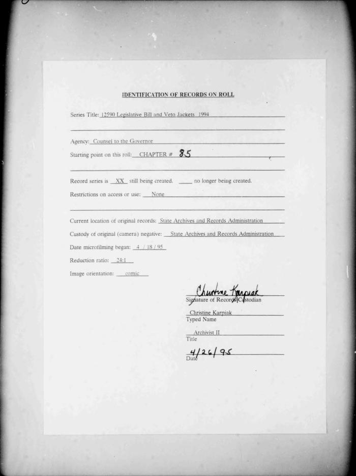 NYS Bill and Veto Jackets: 1994, Chapter 85