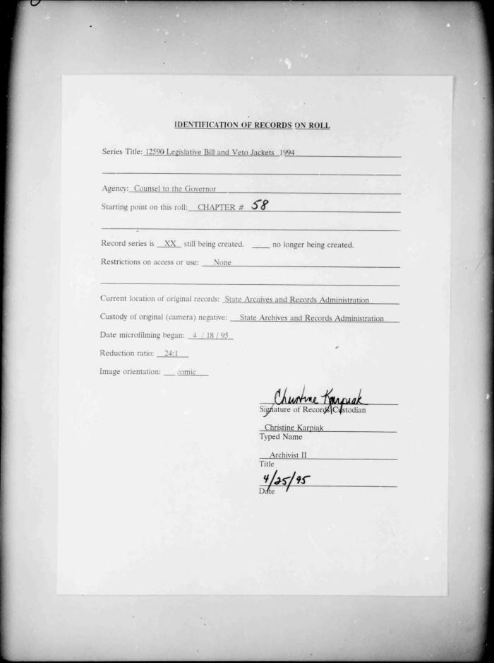 NYS Bill and Veto Jackets: 1994, Chapter 58